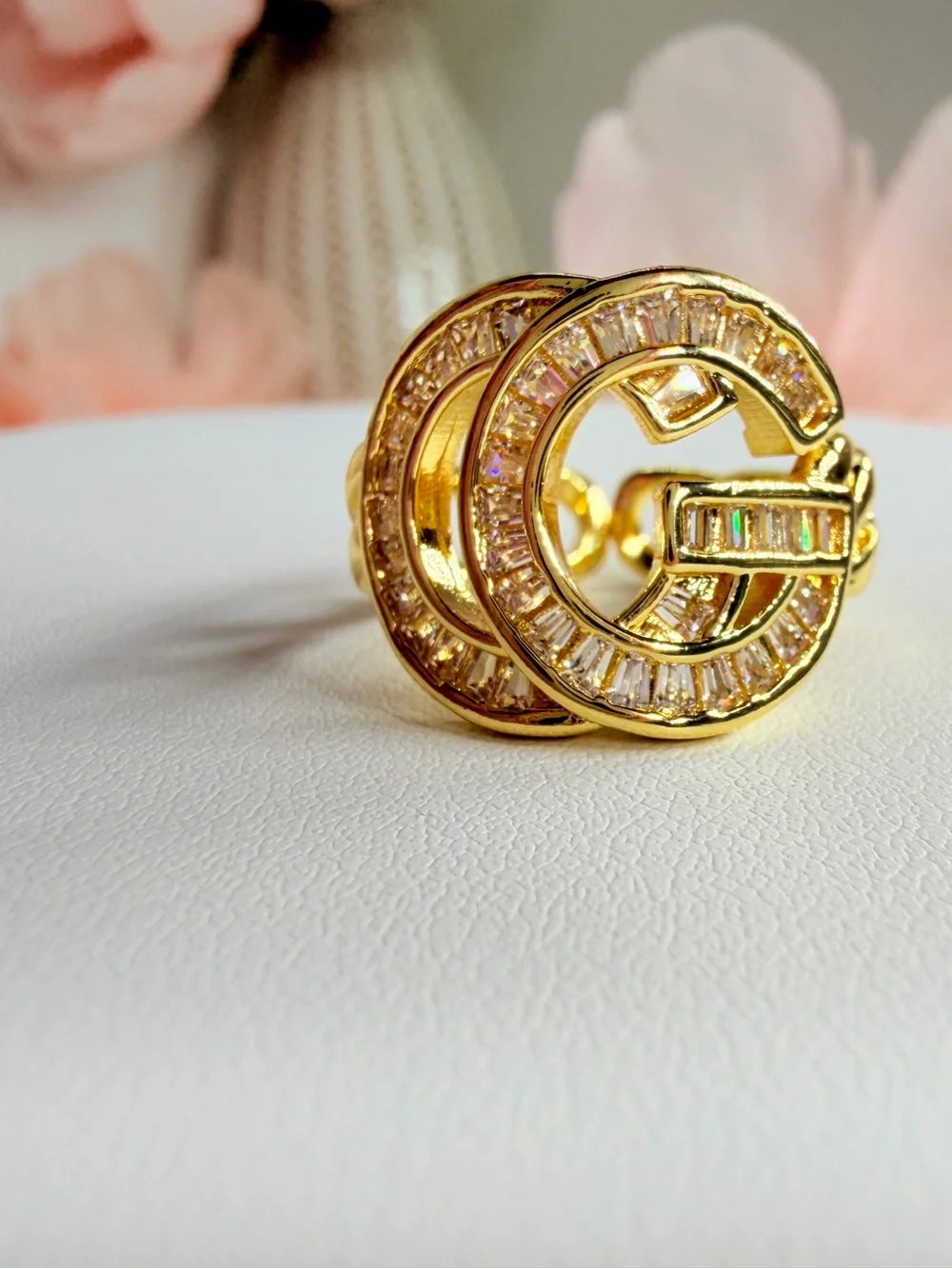 Stainless steel Gold Crystal Circle Statement Ring - Women Jewelry